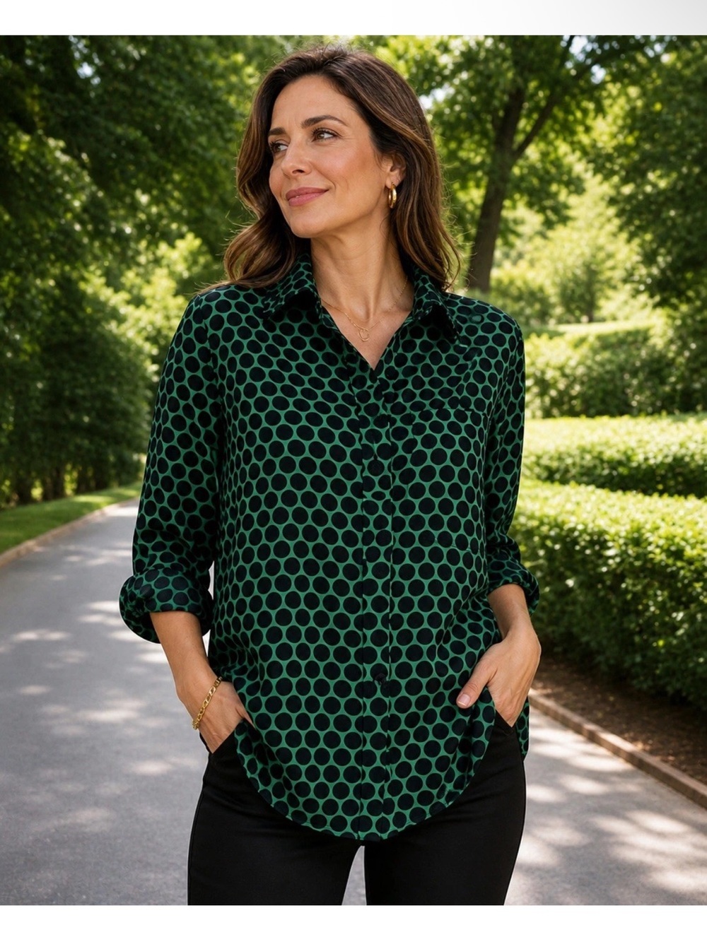 Michael Kors Emerald and Black Polka Dot Button-Down Shirt